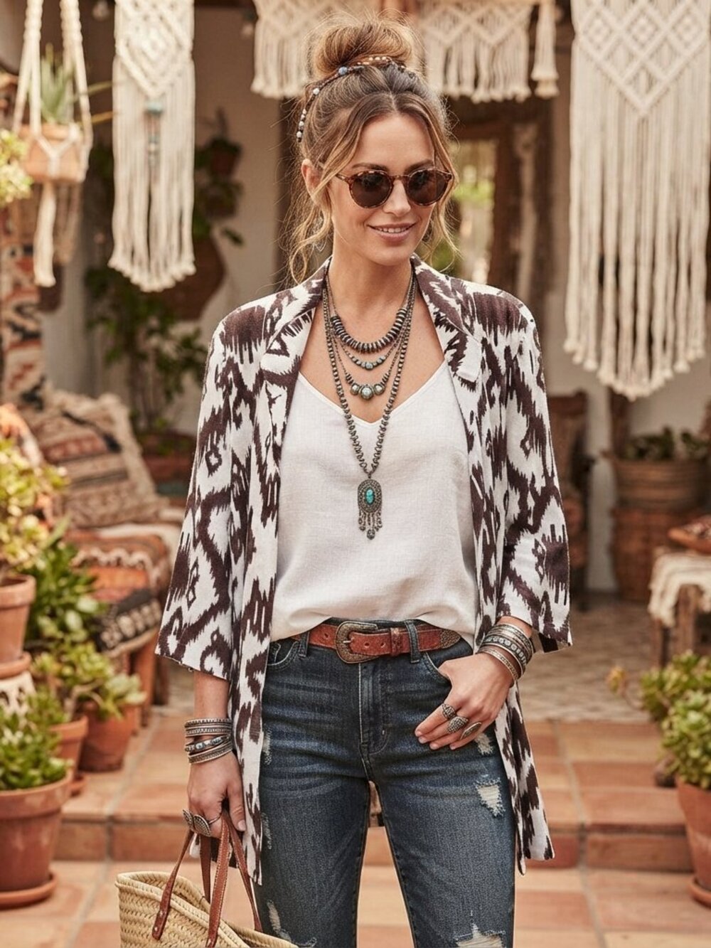 Chico's 100% Linen Topper Jacket Sz 2 L Large Brown White Ikat Boho Lagenlook